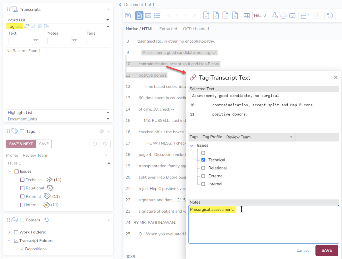 133 - 06a - Transcripts Review Pane - Tag Select