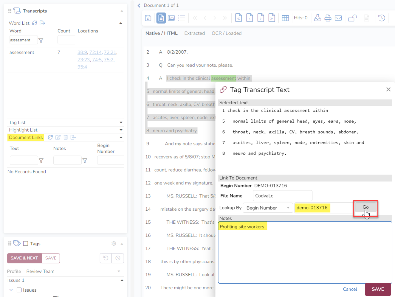 133 - 09 - Transcripts Review Pane - Document select