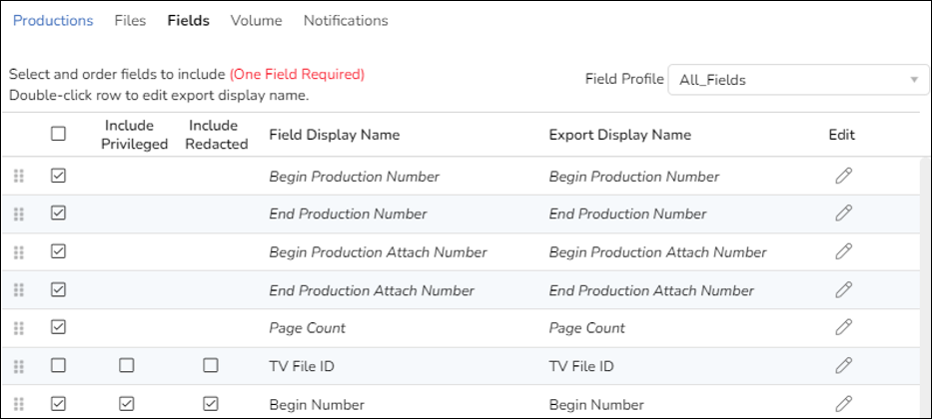 243 - 31 - Previous Production Export Fields Settings