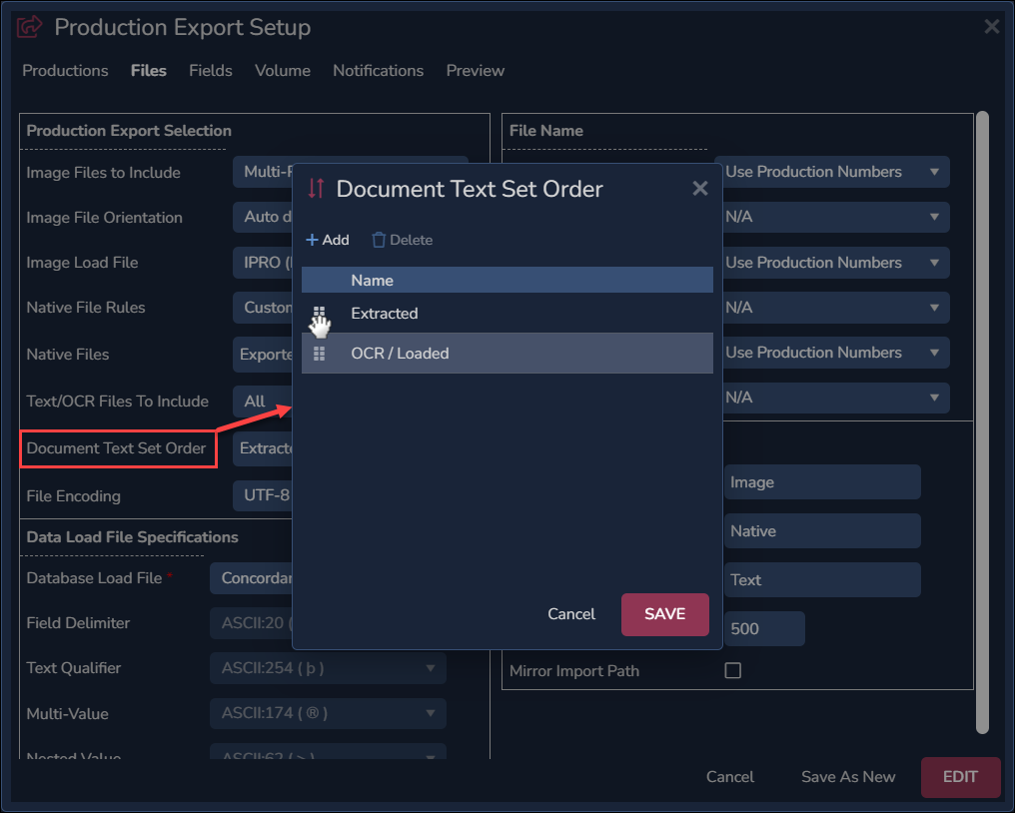 57 - 03b - Production export - Doc Text Set Order