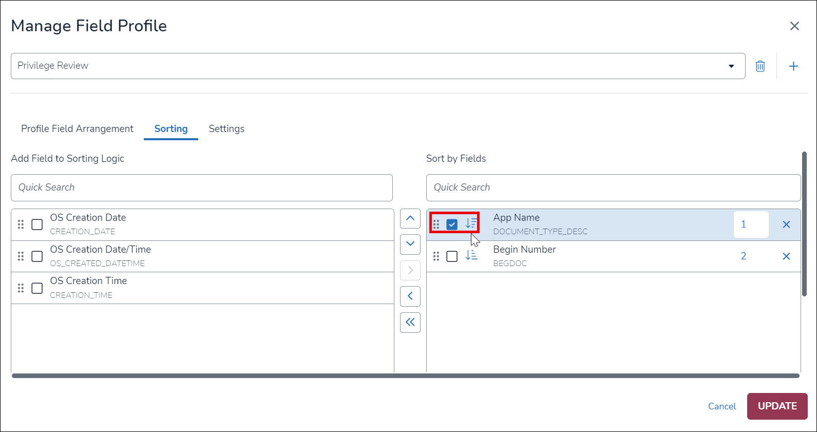 47-06-Manage Field Profile-Sort-Order